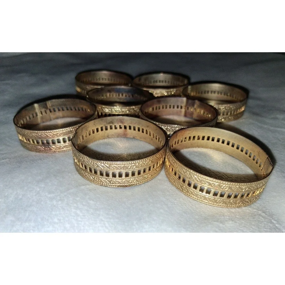 Vintage Gold Tone Filigree Metal Napkin Rings Set of 8 Ornate Openwork